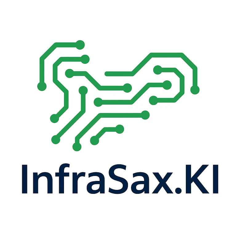 Das Bild zeigt das Logo des Projektes InfraSax.KI. Anhand von Netzwerkverknüpfungen ist der geografische Umriss Sachsens abgebildet. Darunter steht der Projektname.