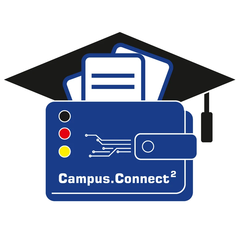 Das Bild zeigt das Projektlogo. Im Vordergrund ist eine blaue ID-Karte angedeutet. Im Hintergrund sind Dokumente und ein Absolventengut grafisch dargestellt.
